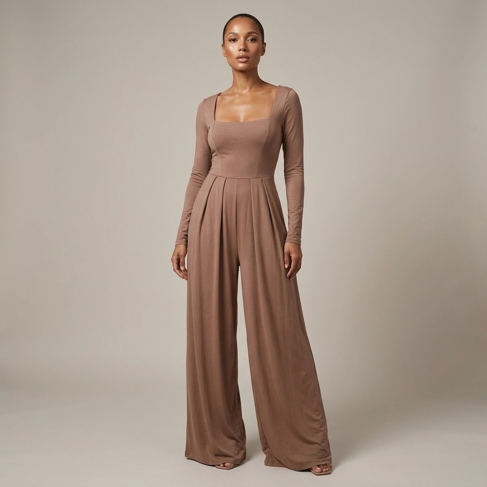 Shapellx Women Tan Square Neck Long Sleeve Wide Leg Jumpsuit Builtin Shapewear S
